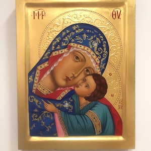 Virgin Mary Theotokos panagia  and child  on wood with original gold leaf 22 karat