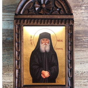 Handmade Byzantine Icon of  &quot; Saint  Paisios &quot; on curved wood