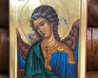 Handmade Byzantine Icon of Archangel Gabriel on wood with polished gold leaf 22κ