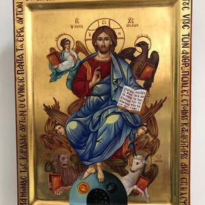 Jesus Christ The Enthroned Hand painted Byzantine Icon with polished Gold leaf 24k