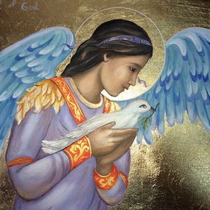 Handmade Byzantine Icon of Angel of God on wood with gold leaf
