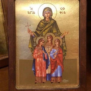 Handmade Byzantine Icon Of Saint Sophia and three daughters.