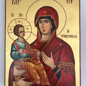 HAND PAINTED Byzantine Icon Of Virgin Mary with three hands