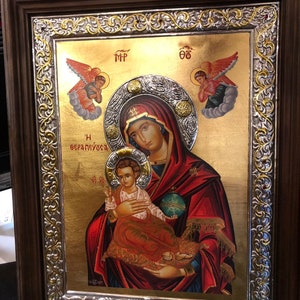Icono bizantino hecho a mano de Theotokos y niño