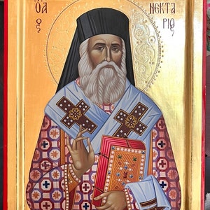 Saint Nektarios hand painted Byzantine icon with polished gold 24karats