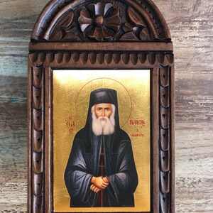 Handmade Byzantine Icon of  &quot; Saint  Paisios &quot; on curved wood