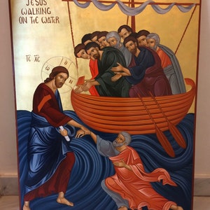 Hand painted Byzantine Icon Of Jesus Christ Walking on the water with 22k Gold Leaf