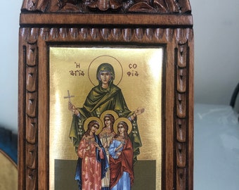 Saint Sophia and 3 daughters Handmade Byzantine Icon on curved wood