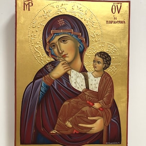 HAND PAINTED Byzantine Icon Of Virgin Mary and child with gold leaf 23k