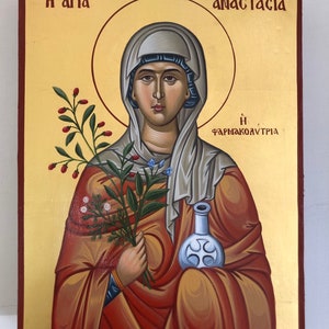 Handmade Byzantine Icon Saint Anastasia on wood with gold leaf