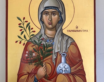 Handmade Byzantine Icon Saint Anastasia on wood with gold leaf