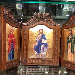 Jesus Christ with Our Lady Theotokos and Saint John The Baptist on curved wood. Diptych handmade Byzantine Icon.