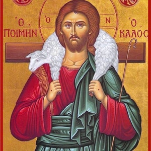 Gesù Cristo il Buon Pastore dipinto a mano icona bizantina 23k foglia d&#39;oro