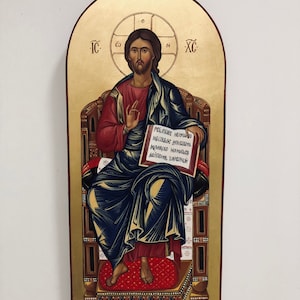 Hand painted Byzantine Icon Of Jesus Christ The Enthroned- polished Gold leaf 24k