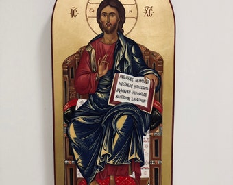 Hand painted Byzantine Icon Of Jesus Christ The Enthroned- polished Gold leaf 24k