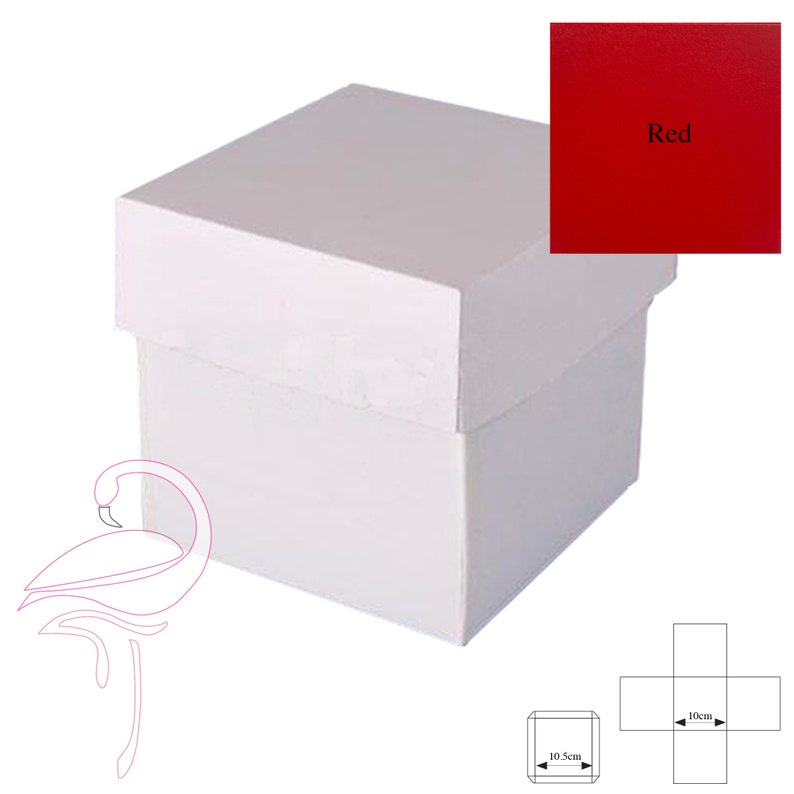 Peut inclure: Bo&icirc;te cadeau en carton blanc avec un couvercle, mesurant 10 cm sur 10 cm. La bo&icirc;te est repr&eacute;sent&eacute;e ferm&eacute;e avec le couvercle sur le dessus. Un sch&eacute;ma de la bo&icirc;te est pr&eacute;sent&eacute; sous la bo&icirc;te, avec des mesures en centim&egrave;tres.