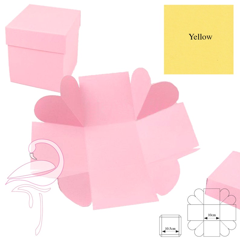 May include: Pink paper craft box with a heart-shaped opening. The box is 10.5 cm wide and 10 cm deep. The box is folded flat and ready to be assembled.