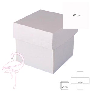 May include: White cardboard gift box with a lid. The box is 10 inches wide and 10 inches long. The box is shown folded flat.