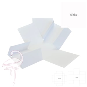 May include: White paper box template with a flamingo illustration. The template shows how to fold the paper to create a box. The box is 10 cm wide and 10.2 cm long.