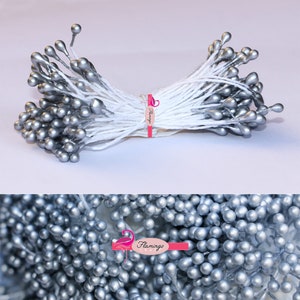 May include: A bundle of silver flower stamens, also known as flower picks, with small round heads. The stamens are tied together with white string and a pink label that reads "Flamingo Crafts".