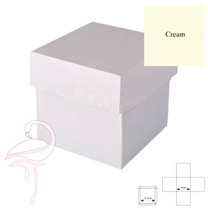 May include: A white cardboard box with a lid, measuring 8.5 inches by 8.5 inches. The box is shown closed and is made of sturdy cardboard. The box is cream colored.