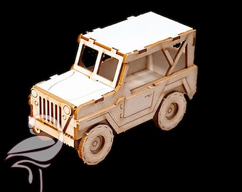 May include: A wooden model of a jeep with a white roof. The model is made of wood and has a detailed design.