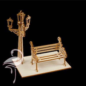 Banco y farola 3D - 45 x 69 x 72 mm - Cartón de 1,5 mm de espesor