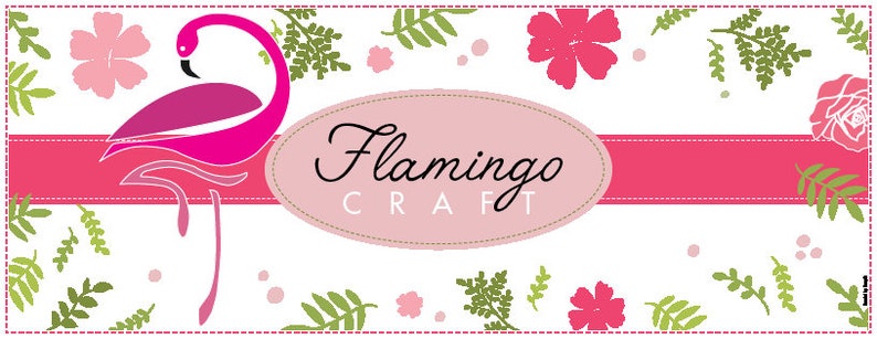 May include: Pink flamingo silhouette with floral design on a black background. The text "Flamingo Craft" is in a white oval with a pink background.