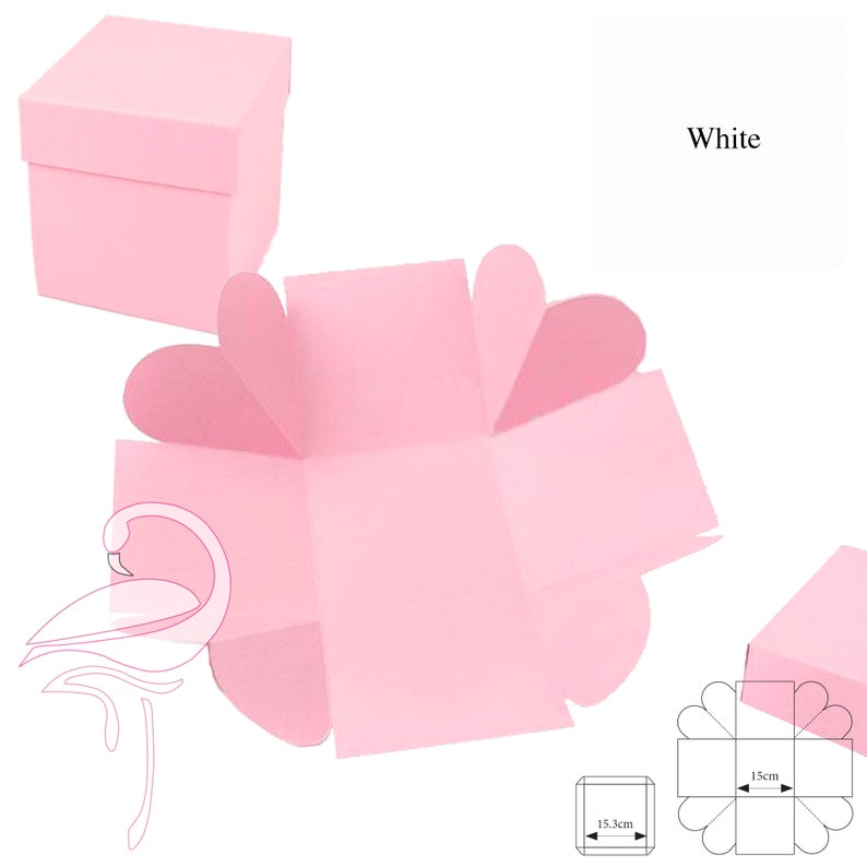 May include: Pink paper craft box with a heart-shaped opening. The box is 15 inches wide and 15 inches long. The box is unfolded and flat, showing the heart-shaped cutouts. The box is made of paper and is a light pink color.