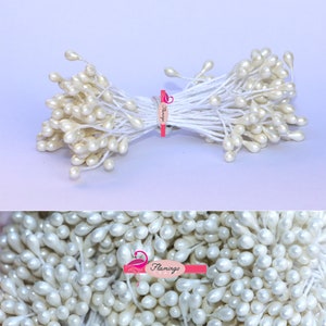 May include: A bunch of white pearl-like flower buds on thin white stems. The stems are tied together with a pink ribbon that says "Flamingo Craft".