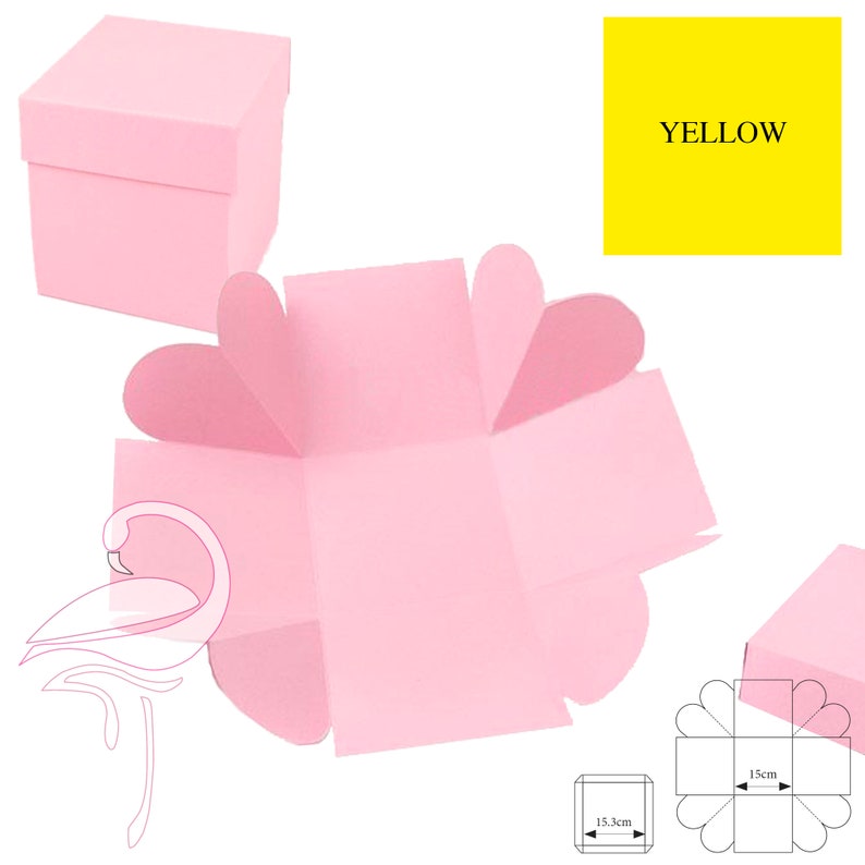May include: Pink paper craft box with a heart shaped opening. The box is 15 cm wide and 15 cm long. The box is folded flat and ready to be assembled. The box is perfect for gifts or favours.