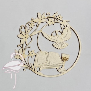 Cadre rond Saint-Esprit, Bible et calice - carton blanc
