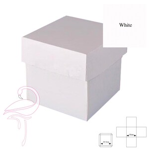 May include: White cardboard gift box with a lid. The box is 10 inches wide and 10 inches long. The box is shown folded flat.