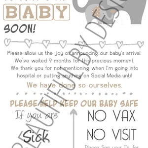 Babyaankondigingskaart - no vax no visit no social media - digitale download afdrukbaar- NEUTRAAL