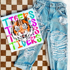 Tigers Preppy Colorful Mascot PNG, Neon Letters, Team Colors, Mascot Sublimation Designs Download, Ready to Print, Instant Download