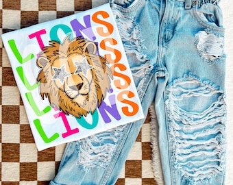 Lions Preppy Colorful Mascot PNG, Neon Letters, Team Colors, Mascot Sublimation Designs Download, Ready to Print, Instant Download