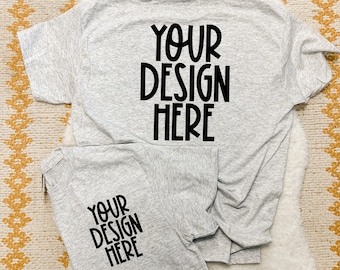 Gildan Dryblend Mock Up - Flat Lay - Blank Mock Up - Ash Grey - Back + Pocket Mock-up