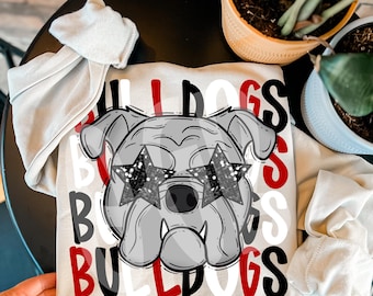 Bulldogs Preppy Colorful Mascot PNG, Red/Black/White Letters, Mascot Sublimation Designs Download, Ready to Print, Instant Download