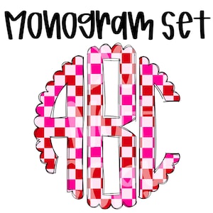 May include: Monogram set with the letters A, B, and C in a red and pink checkered pattern. The letters are in a circle with a scalloped edge.