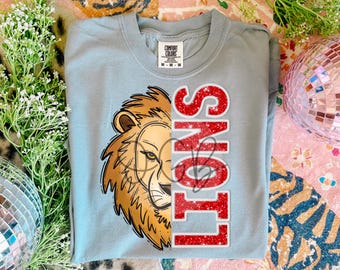 Lions Faux Embroidery Mascot PNG, Red Letters, Team Colors, Mascot Designs Download, Ready to Print, Instant Download, Trendy Mascot