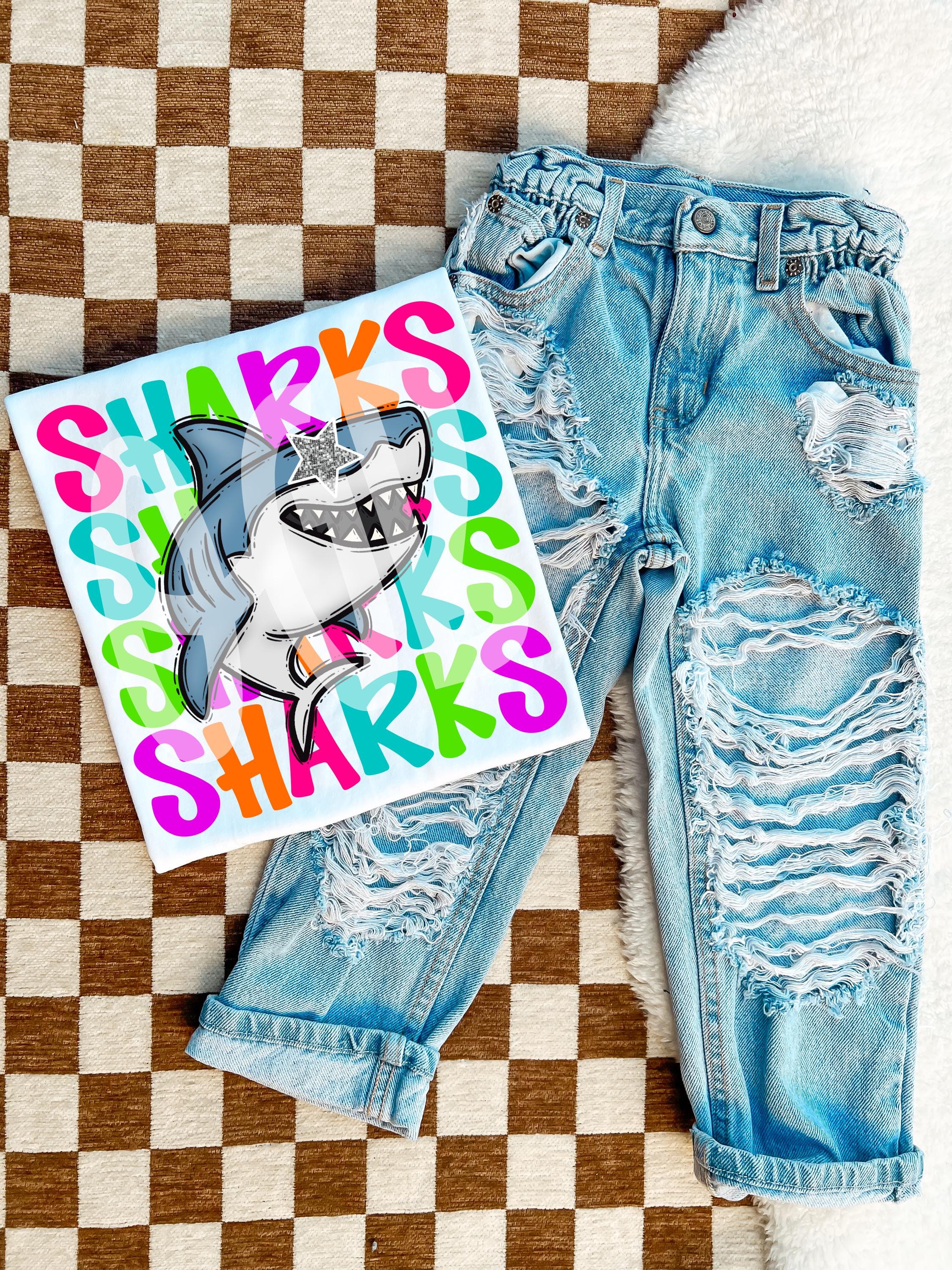 Sharks Preppy Colorful Mascot PNG, Neon Letters, Team Colors, Mascot Sublimation Designs Download, Ready to Print, Instant Download
