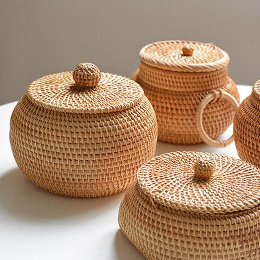 Round Rattan Box With Lid Handwoven Multipurpose Wicker Etsy