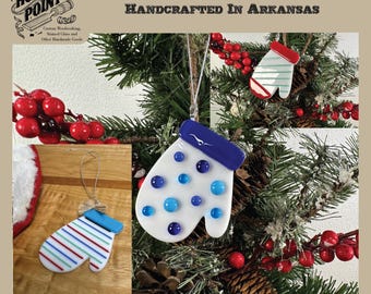 Hand-Shaped Fused Glass Mitten Ornament | Polka Dot or Stripe Holiday Decor