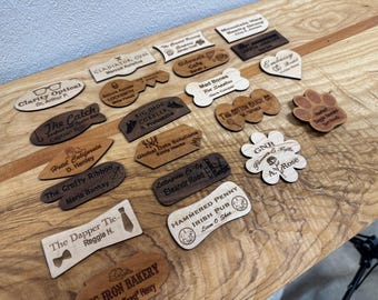 Custom Engraved Wood Name Badge | Walnut, Maple, Cherry | Personalized Business Pin (20+ Shapes)