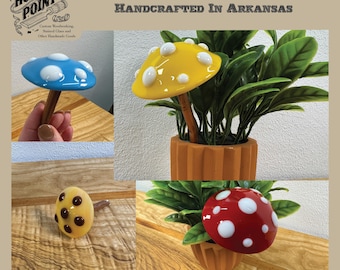 Handmade Fused Glass Mushroom Plant Stake | Polka Dot Copper Stem Garden Decor