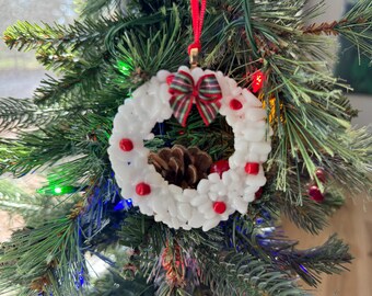 White Fused Glass Wreath with Red Berries and Plaid Bow