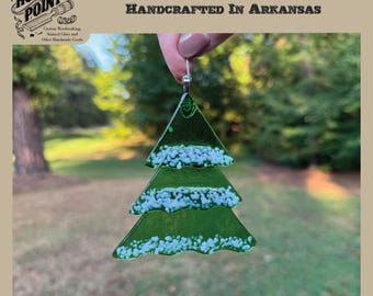 Fused Glass Snow Tree Ornament | Layered Snowy Pine Christmas Decor