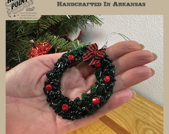 Fused Glass Wreath Ornament with Plaid Bow | Handmade Green Christmas Decor