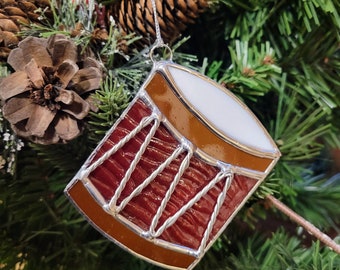 Handcrafted Stained Glass Drum Ornament – Metal Accents, Holiday Tree Decor
