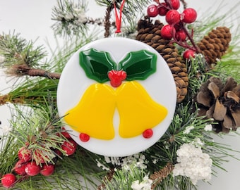 Handmade Fused Glass Christmas Ornament | Holly Bells Tree Decor (3.75" Round)